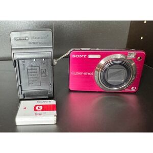Sony Cybershot DSC W150 8.1 MP Red Digital Camera w/ Charger & 2 Battery *WORKS*